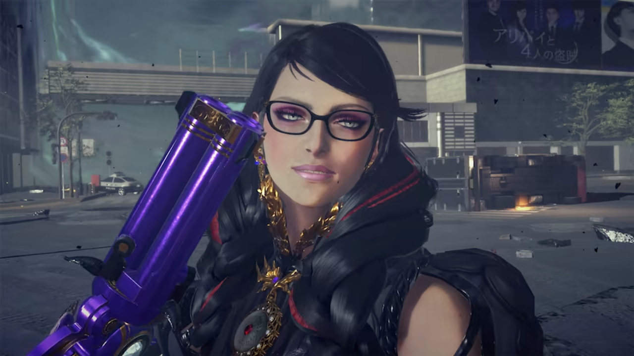 Bayonetta smiles with her pistol.