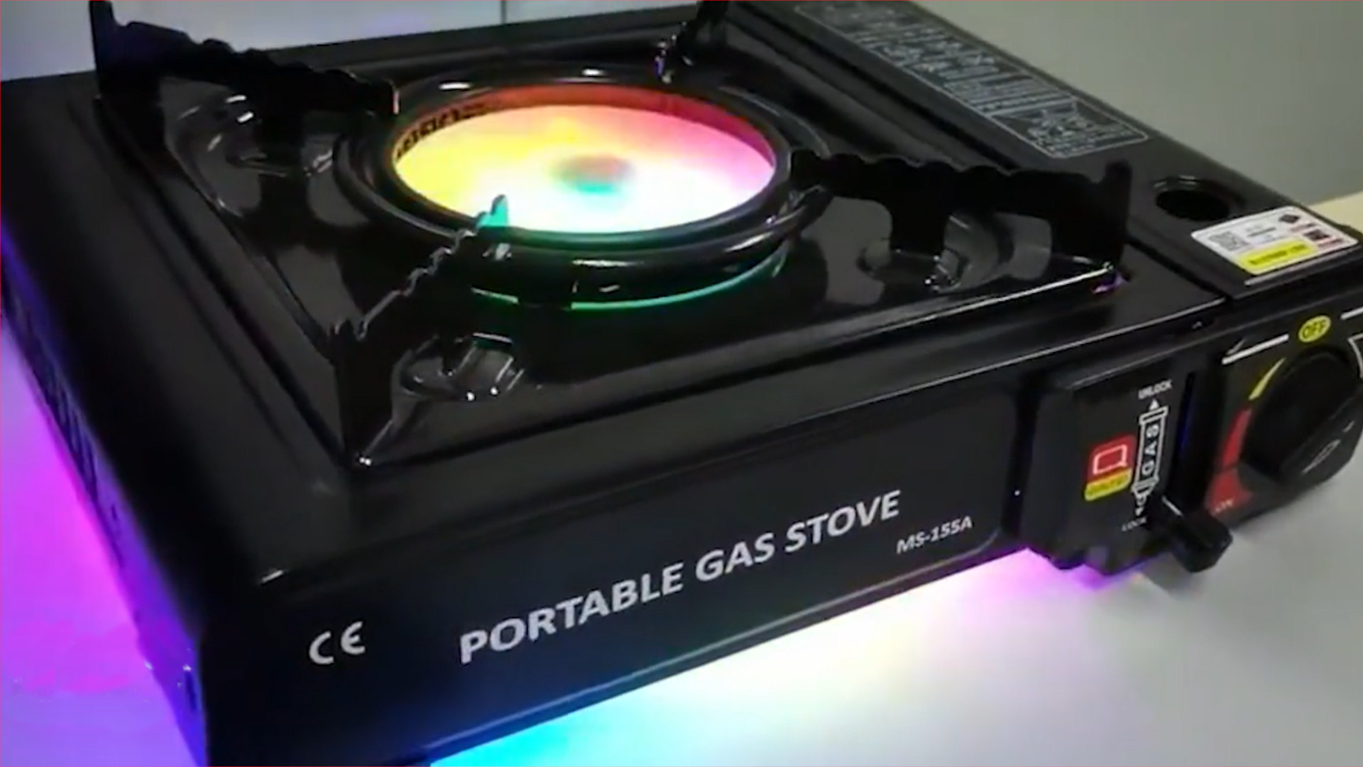 This portable gas stove gaming PC comes complete with RGB lighting