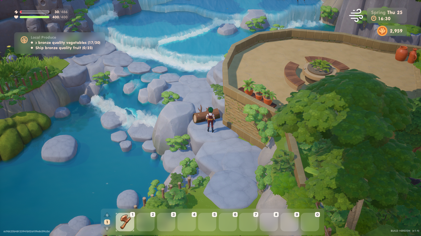An image of the farmer standing near a tree log blocking a path in Coral Island.
