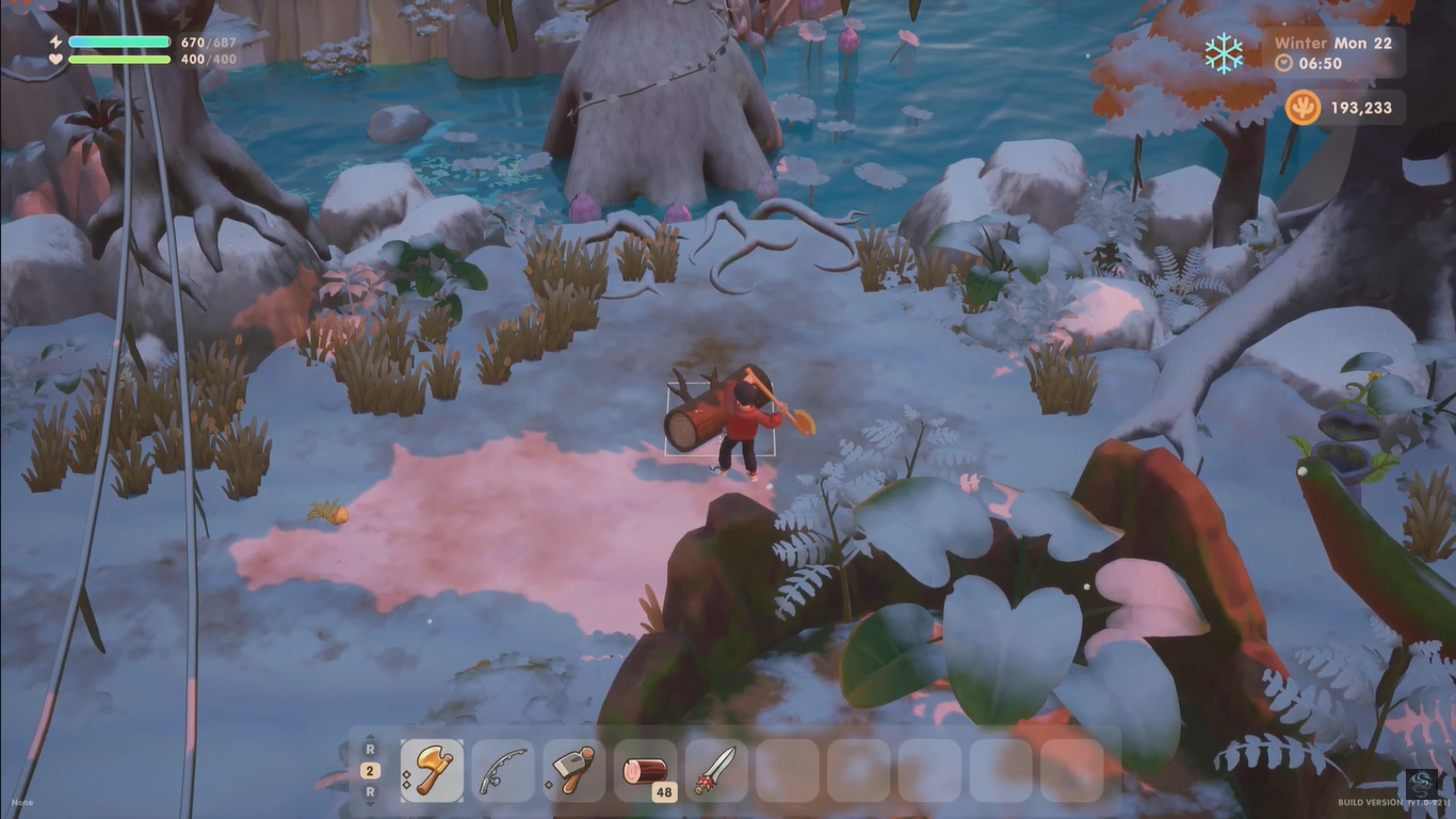 An screen capture of the farmer chopping a large log in the deep forest.