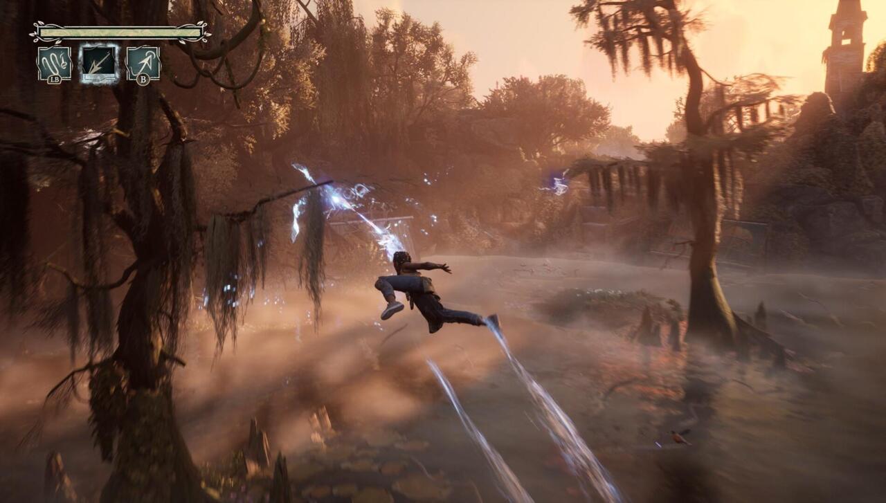 Hazel can use her weaver abilities to glide, grapple, double jump, and wall-run.