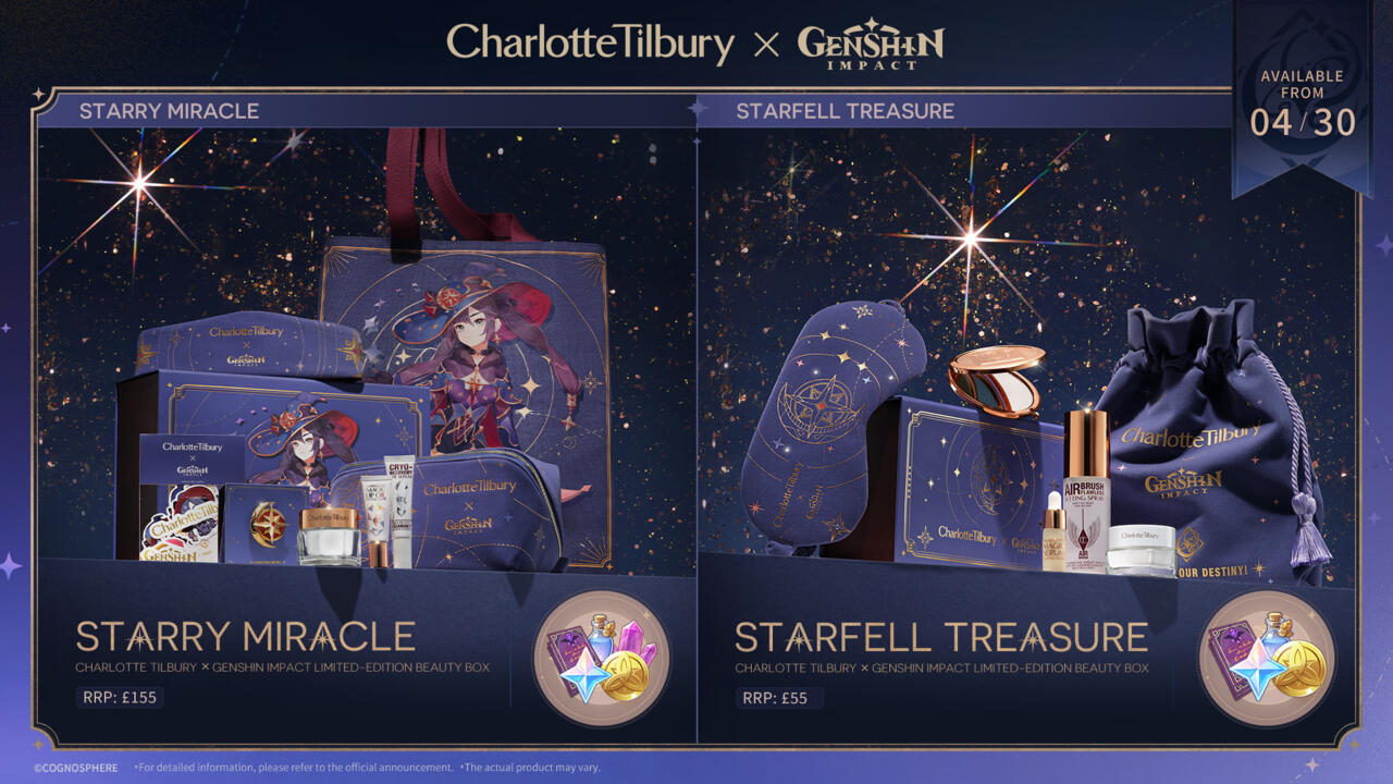 An overview of the Charlotte Tilbury x Genshin Impact cosmetic boxes.