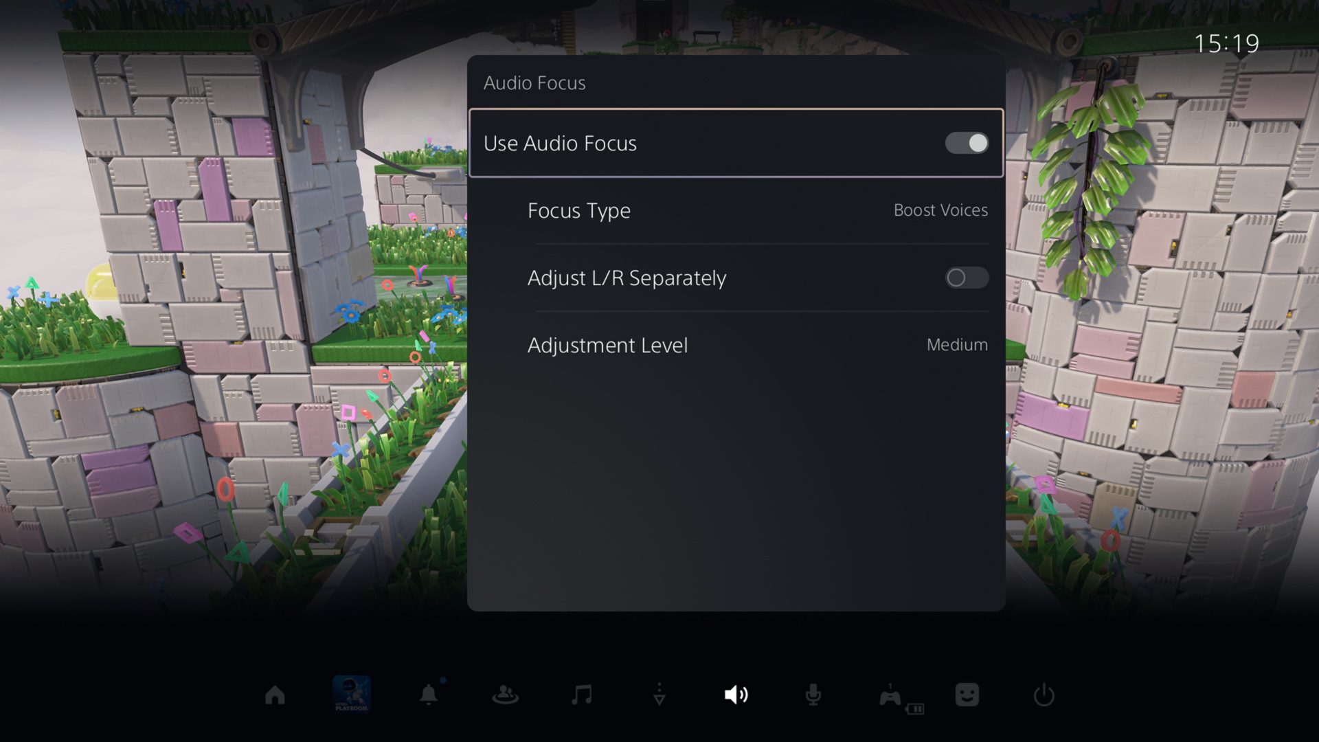 PS5 UI screenshots showing audio focus settings menu