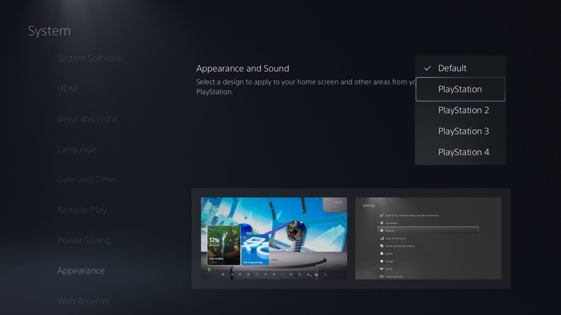 Appearance and Sound settings menu