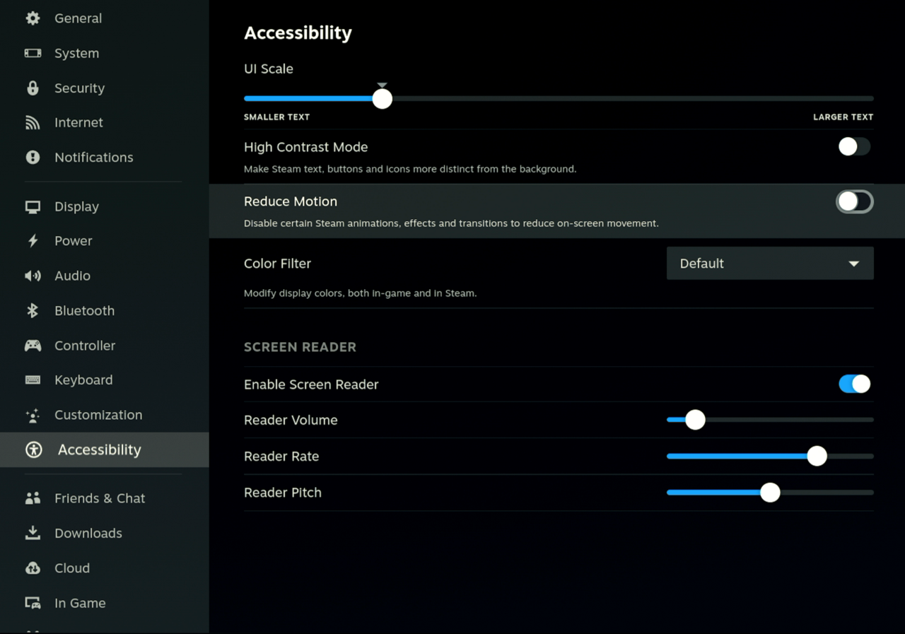 The new SteamOS accessibility menu with options for UI scaling, high contrast mode, reduced motion, color filters, and scren reader settings.
