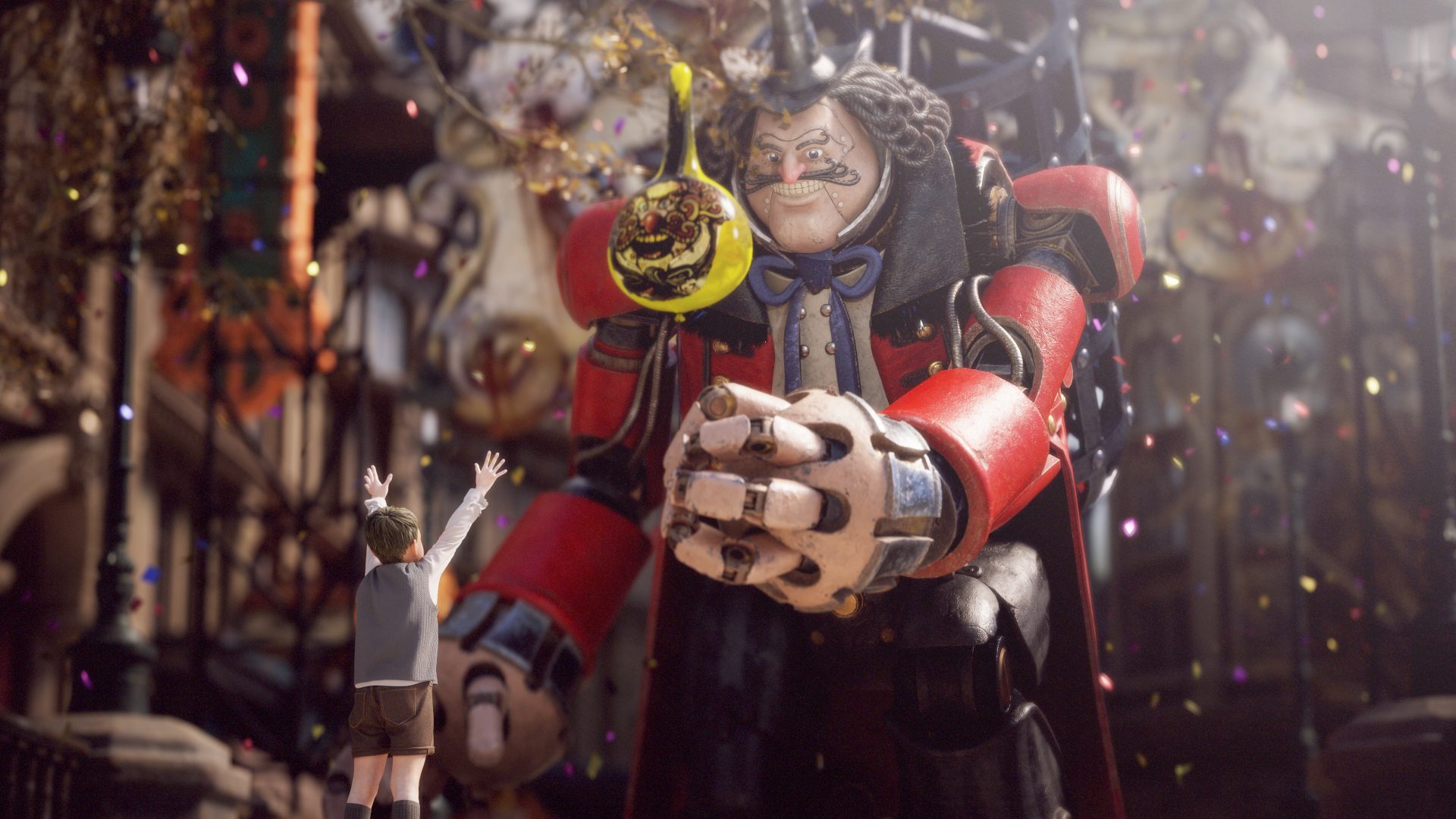 A pre-frenzy Parade Master puppet giving a child a balloon.