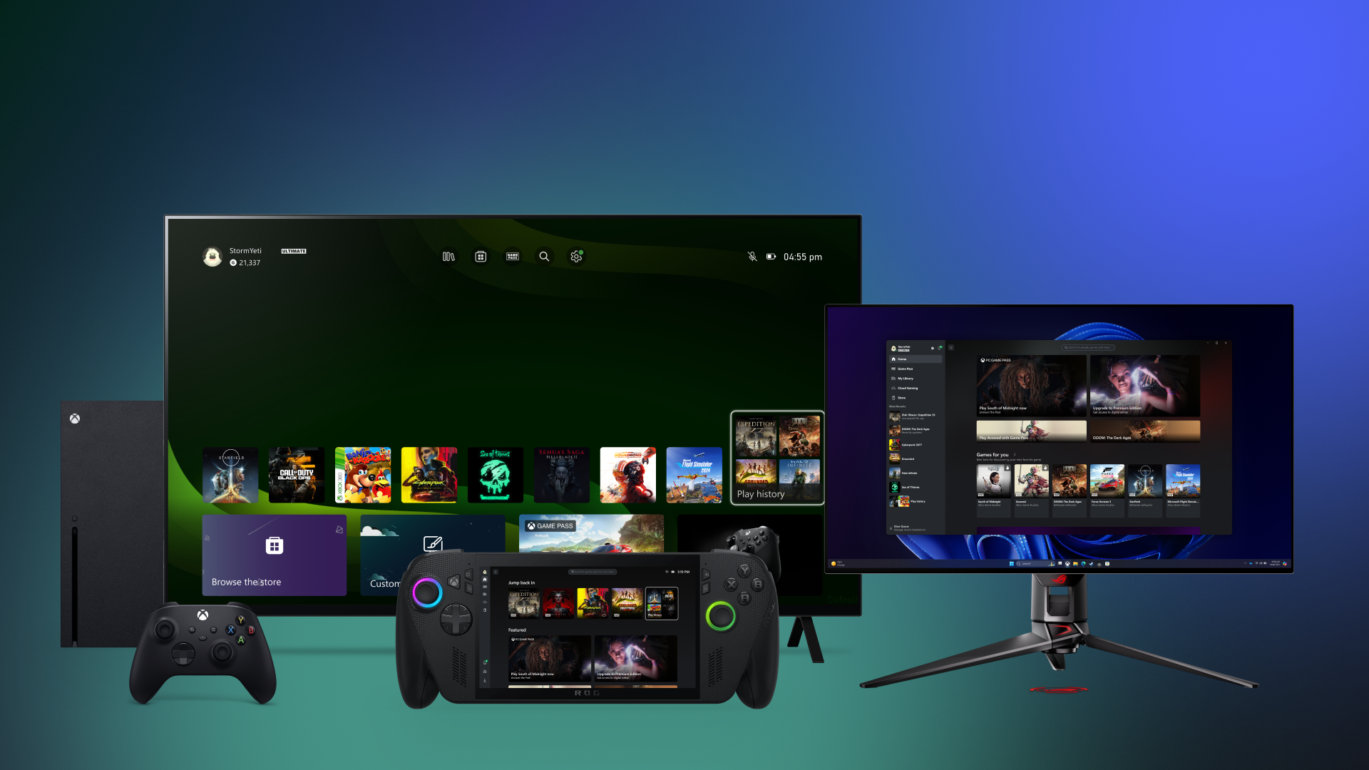 Image of the Play History tab on the Home screen on an Xbox console, PC and Windows handheld device.